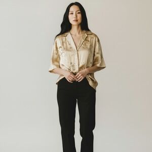 URBAN OUTFITTERS Celestial Zodiac Shirt Top Sz L Gold Satin Astrology Whimsigoth